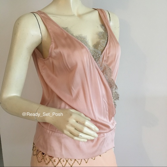 Vintage Herve Leger pink faux wrap front Tank top with lace trim. Silk size 10 - Picture 3 of 8